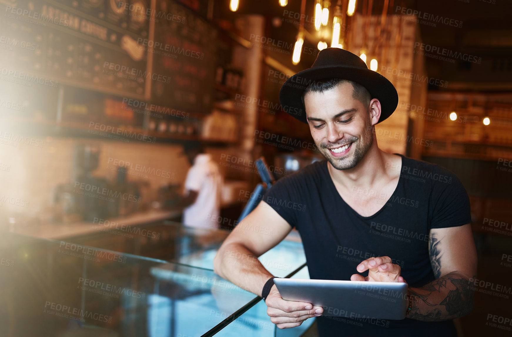 Buy stock photo Tablet, man and coffee shop portrait with writer and freelancer working on article or blog. Smile, restaurant and tech with copywriting and morning with remote job at cafe with internet and planning