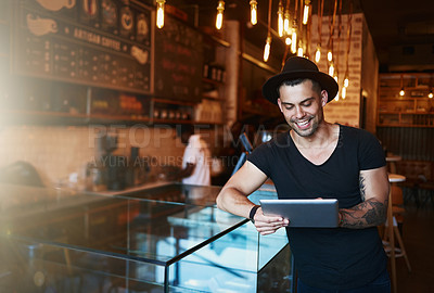 Buy stock photo Tablet, man and coffee shop portrait with creative worker and freelancer with article or blog. Smile, restaurant and tech with copywriting and morning with remote job at cafe with internet at counter