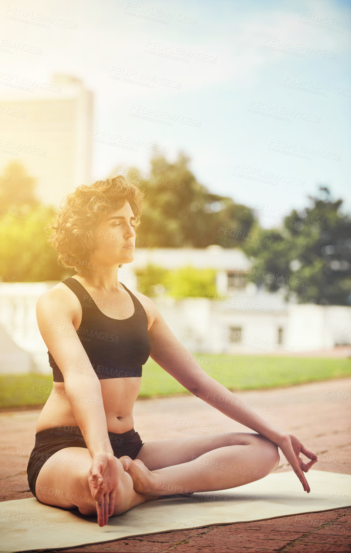 Buy stock photo Outdoor, yoga and meditation by woman for zen, wellness and mindfulness for inner peace on mat. Female yogi chakra and calm by sunshine for awareness, balance and spiritual with lotus pose to relax