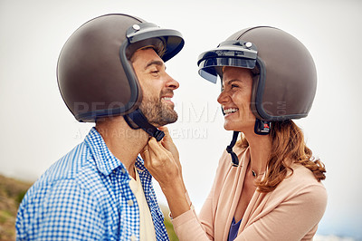 Buy stock photo Happy couple, helmet and together for motorcycle ride, travel or adventure in countryside of Italy. Woman, man and safety with partner, romance or bonding on holiday, vacation or trip in relationship