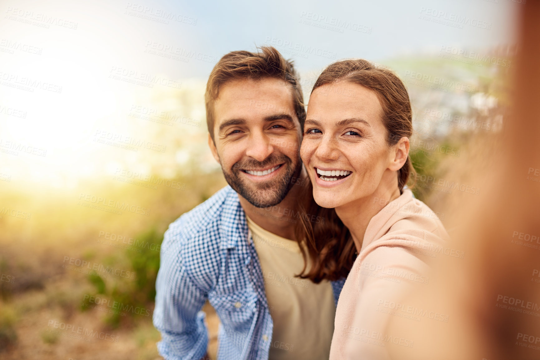 Buy stock photo Couple, portrait and selfie with a smile for love, care and happiness together in summer. Man, woman and Italy adventure for profile picture, honeymoon and romantic date or vacation view to relax