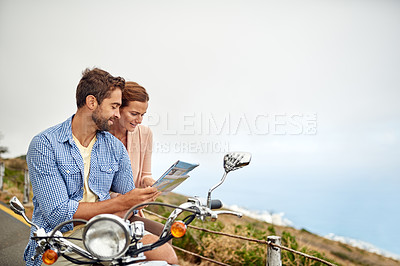 Buy stock photo Map, couple and paper on vacation, scooter and direction on travel, explore and sightseeing in outdoors. People, trip and guide or transport, navigation and adventure on bike, trip and destination