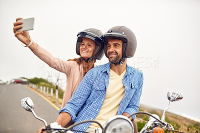 Buy stock photo Couple, scooter and selfie on road trip for fun, adventure and vacation or holiday, romance and memories. Happy people, freedom and bike in outdoors, travel and explore for social media on smartphone