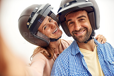 Buy stock photo Couple, helmet and selfie on adventure, smile and road trip or holiday, romance and memories. Happy people, freedom and outdoors or travel, laughing and love for social media, portrait and vacation