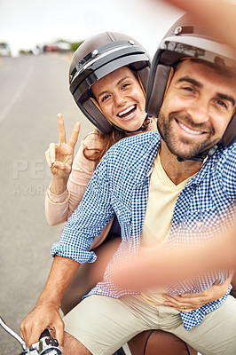 Buy stock photo Couple, peace sign and smile in selfie, hand and road trip or vacation, scooter and embrace in portrait. Happy people, freedom and emoji or icon in outdoors, travel and face or tourism with helmet