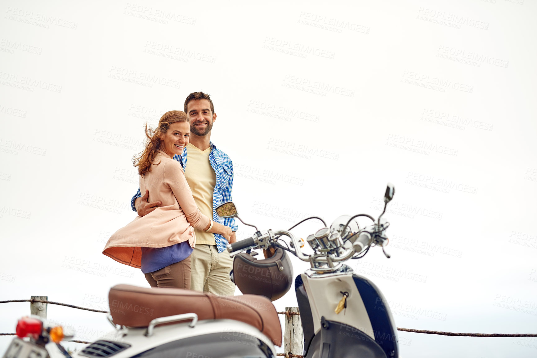 Buy stock photo Couple, portrait and motorbike with a smile for love, care and happiness together in summer. Man, woman and Italy adventure for road trip, honeymoon and romantic date or vacation journey to relax