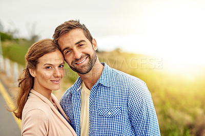 Buy stock photo Couple, love and smile in portrait, outdoors and vacation or holiday, romance and date together. Happy people, freedom and embrace on street, travel and explore for tourism, hug and carefree or joy