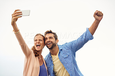 Buy stock photo Couple, selfie and freedom on vacation, smile and outdoors on adventure, love and memories for social media. Happy people, smartphone and bonding or technology, travel and holiday or pose on vacation