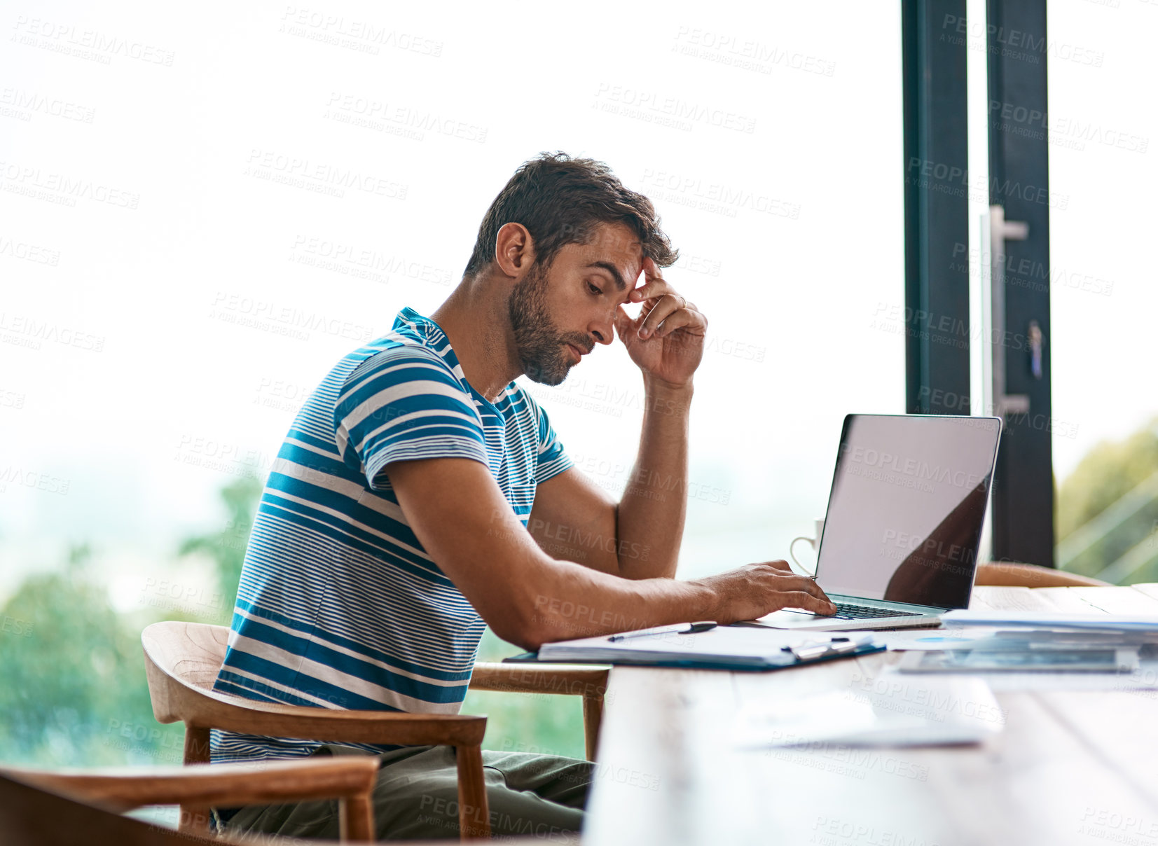 Buy stock photo Remote work from home, fatigue and man with laptop, stress and overworked with internet. Person, apartment and entrepreneur with computer, burnout and deadline with rejection for project and tired