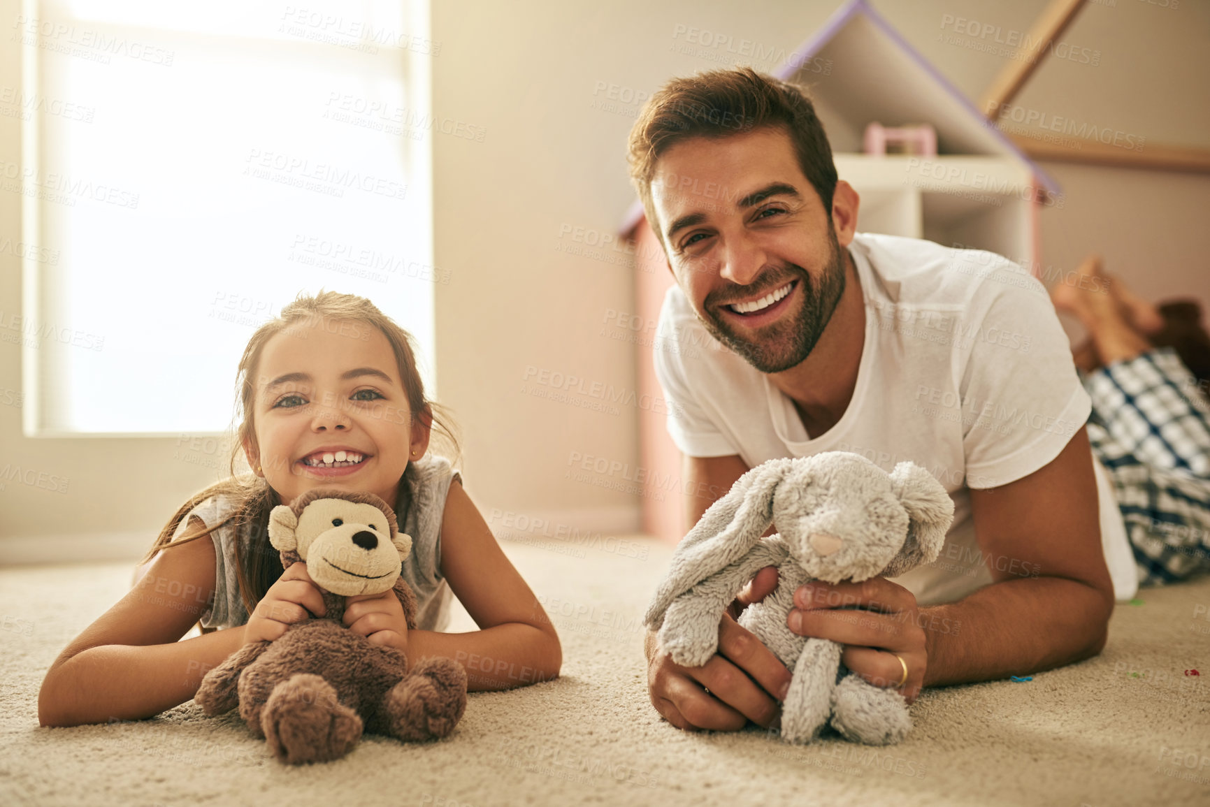 Buy stock photo Portrait, girl and happy man on floor with teddy bear for relax, love or support for development. Dad, child and stuffed animal in bedroom for fantasy, fun and learning or teaching respect and care 