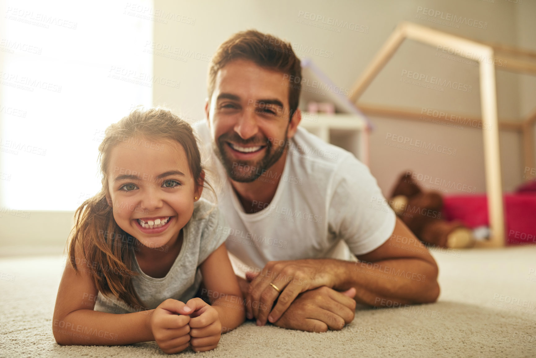 Buy stock photo Father, girl and portrait in home with teddy bear, happiness and smile together or bonding on floor. Family, bedroom and stuffed animals or toys with man, love and care for relationship in apartment
