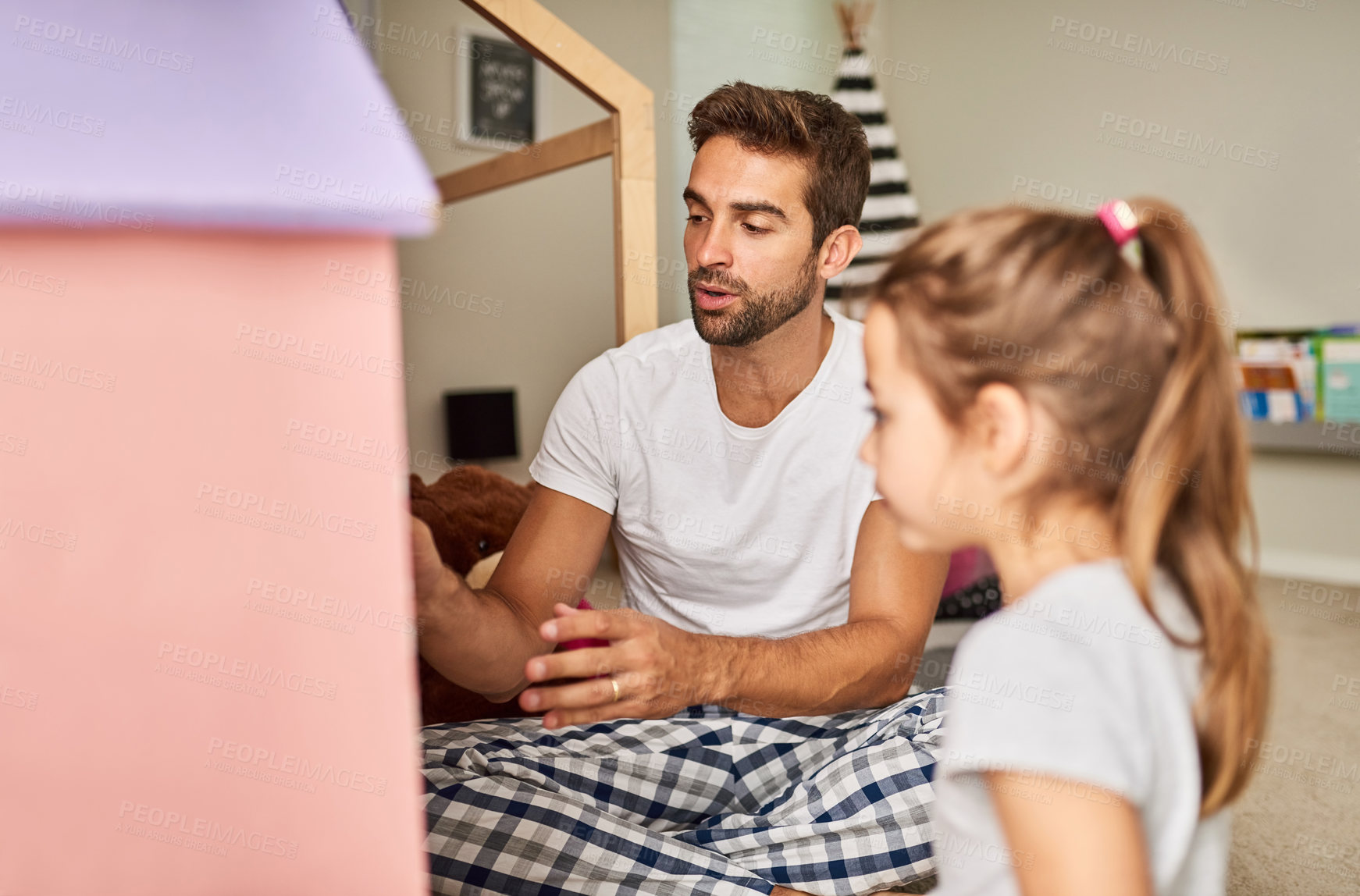 Buy stock photo Talking, dad and girl in home with toys or dollhouse for games, love and support or care. Man, child or kid and playing on floor in bedroom for teaching or learning, trust and creativity for morning