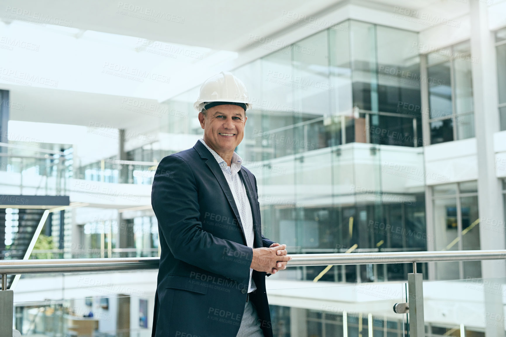 Buy stock photo Mature, businessman and smile of architect with portrait for project management, property planning and hard hat. Contractor, professional person and happy for engineering, building planner and pride