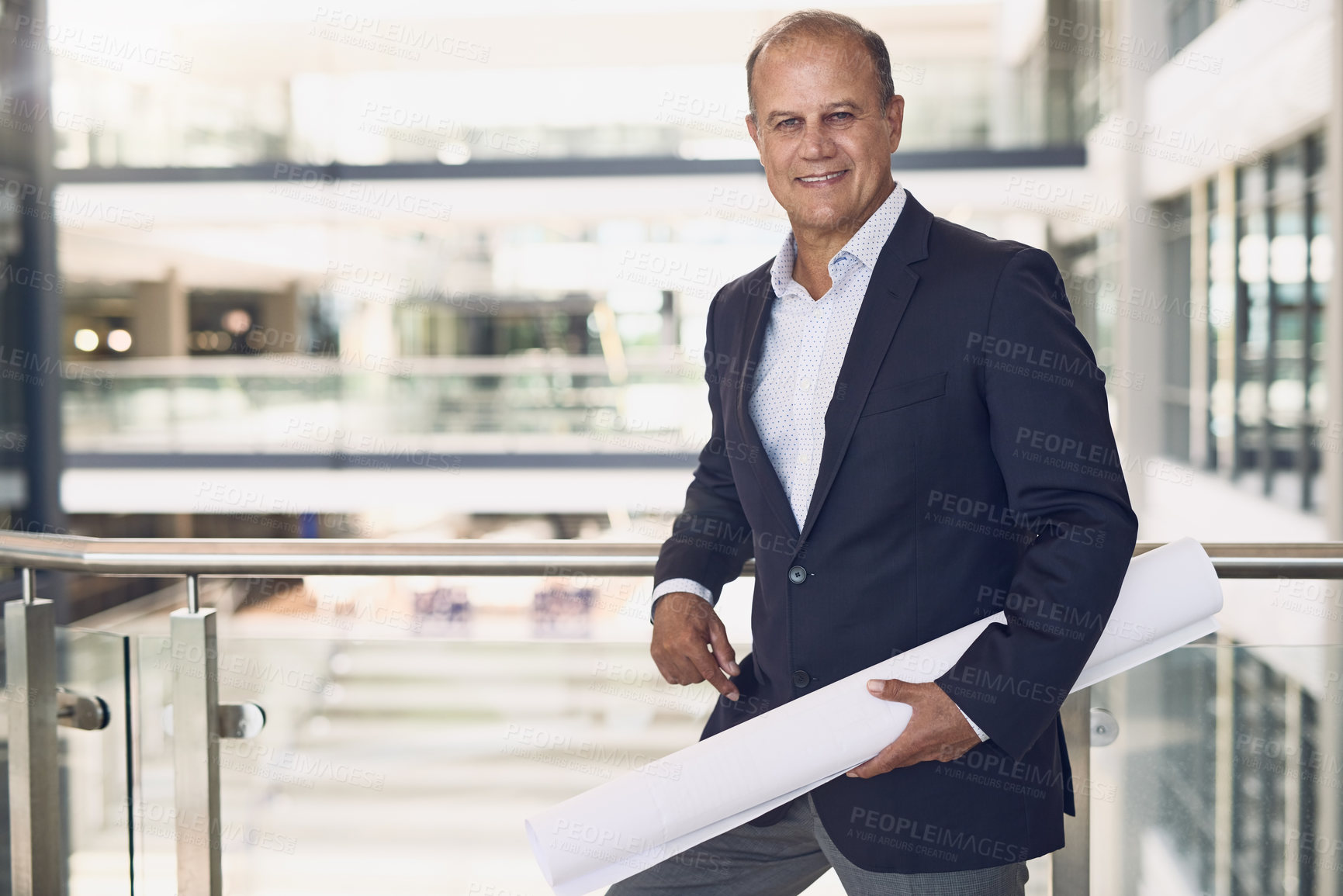 Buy stock photo Mature, businessman and portrait of architect with blueprint for project management, property planning or mockup. Contractor, professional person or smile with engineering floor plan for architecture