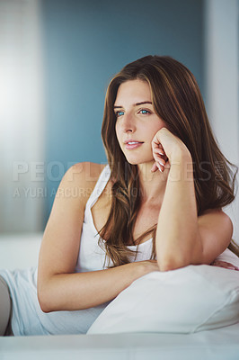 Buy stock photo Woman, relax and thinking in home, cozy daydream and sofa for morning reflection on weekend. Female person, peace and remember memory in apartment, imagine future and perspective for mindfulness