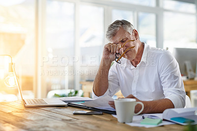 Buy stock photo Business, tired and mature man with documents, report for investment, feedback and headache. Person, employee and accountant with paperwork, stress and problem solving with review for budget or taxes