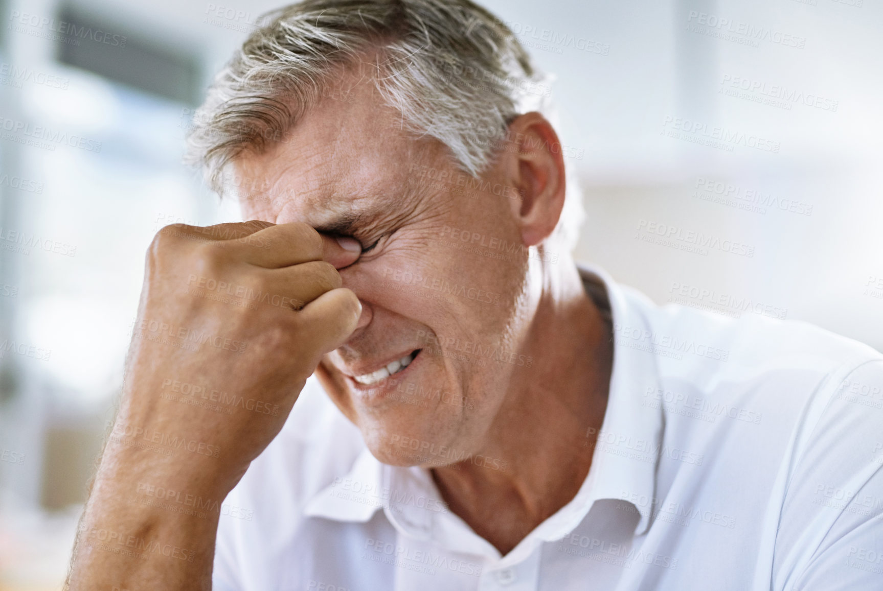 Buy stock photo Pain, headache and senior businessman in the office with a corporate mistake or company crisis. Exhausted, burnout and sick professional mature male manager with a stress migraine in workplace.