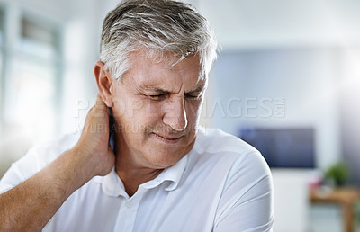 Buy stock photo Office, mature businessman and stress with neck pain for tired, sick and emergency for muscle tension. Career, male person and corporate ceo with hand massage for ache strain, discomfort and burnout