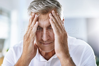 Buy stock photo Migraine, stress and mature boss in the office with healthcare problem or medical emergency. Exhaustion, burnout and sick professional senior business manager in pain with a headache in the workplace