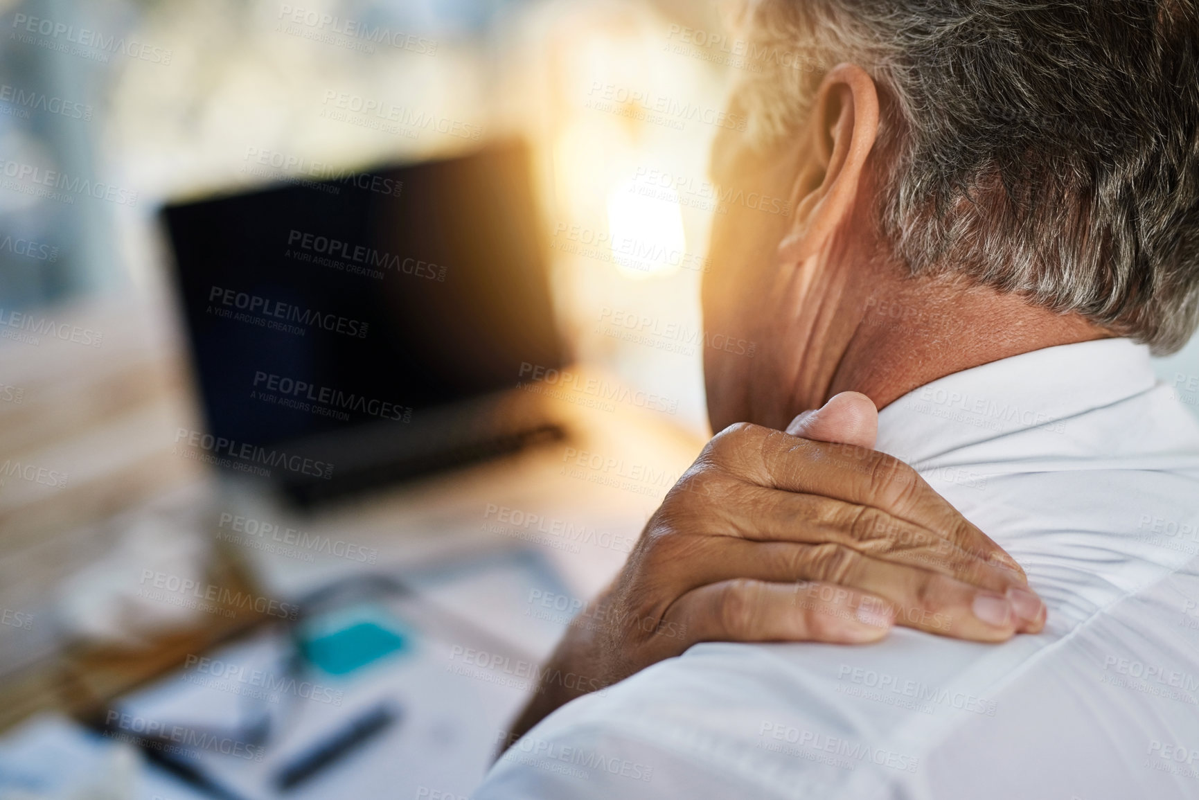 Buy stock photo Man, business and office with shoulder pain or injury for healthcare, hand for burnout stress or crisis. Male manager, medical problem and spine condition, accountant with neck fatigue in workplace