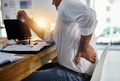 Buy stock photo Businessman, hands and back pain with injury on chair for bad posture, sore spine or ache at office desk. Closeup, man or employee with muscle tension, health risk or spinal inflammation at workplace