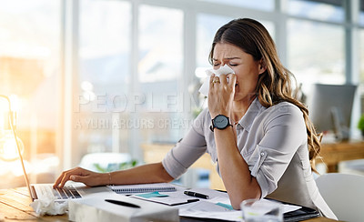 Buy stock photo Woman, tissue and sick by laptop in office with sneeze, allergy and virus infection on table. Business, health problem and female worker for cold, flu and fever symptoms in workplace for disease