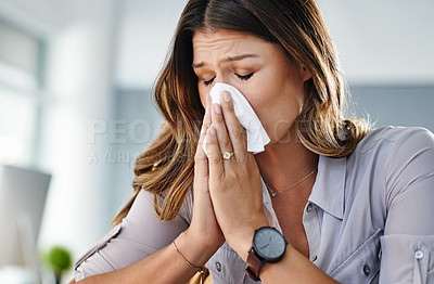 Buy stock photo Cropped shot of a businesswoman working in her office while suffering from allergies