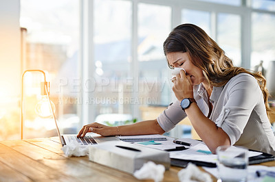 Buy stock photo Woman, tissue and sick by laptop in office with runny nose, virus and allergy infection on table. Business, health problem and female worker for cold, fever and flu symptoms in workplace for covid 19