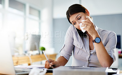 Buy stock photo Woman, tissue and sick by pen in office with runny nose, allergy or virus infection on desk. Professional, health problem and female worker for cold, flu and fever symptoms in workplace for covid 19