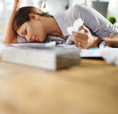 Buy stock photo Woman, tissue and tired by headache in office with runny nose, sick or allergy infection on desk. Employee, health problem and female worker for cold, fever and flu symptoms in workplace for covid 19