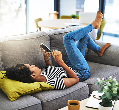 Buy stock photo Weekend, phone and woman relax on sofa in home for network, online website and social media. Communication, mobile app and female person on smartphone for chat, text message and internet connection
