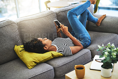 Buy stock photo Relax, phone and woman on sofa in home for network, online website and social media. Communication, mobile app and happy female person on smartphone for chatting, text message and internet connection