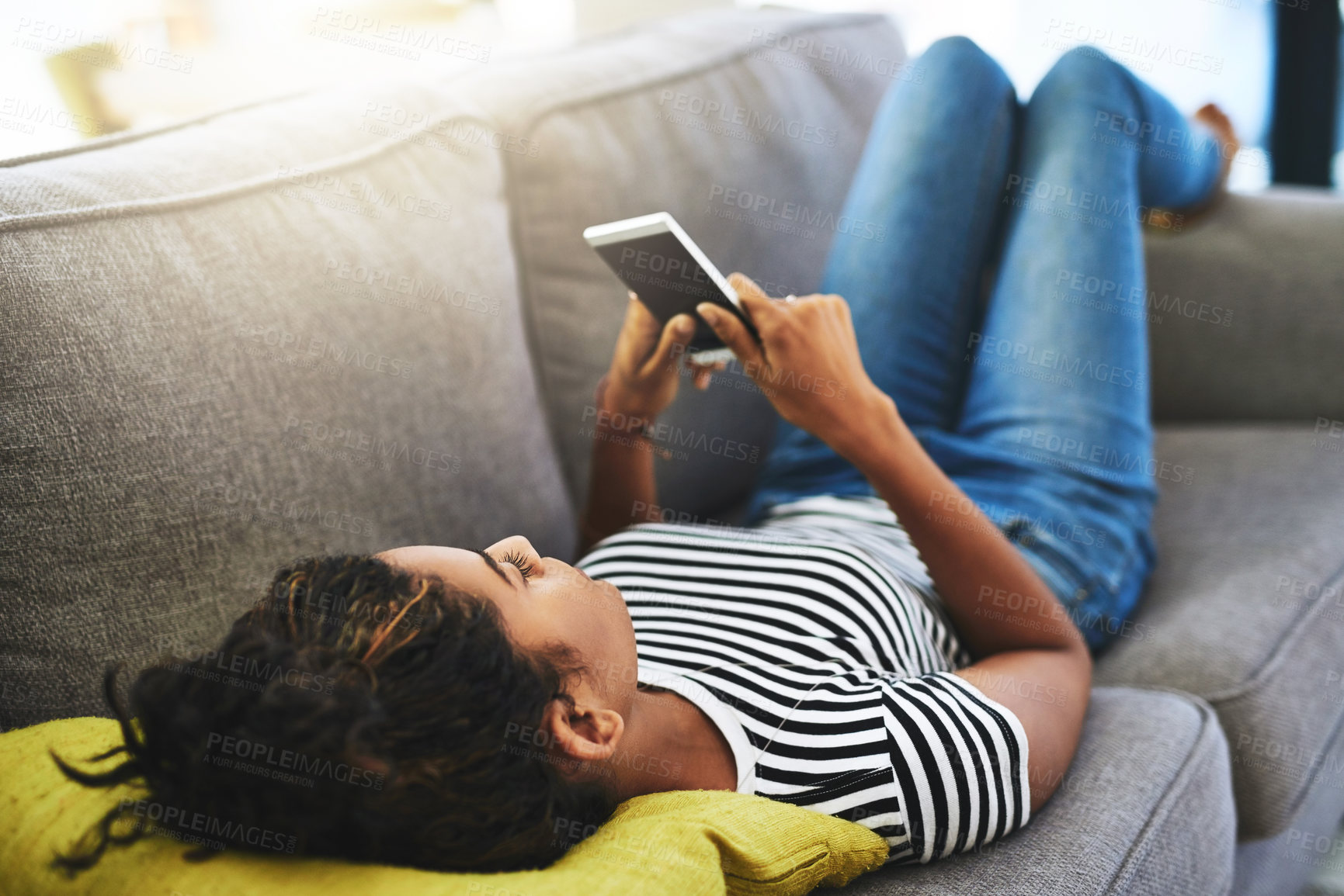 Buy stock photo Relax, phone and woman laying on sofa in home for network, online website and social media. Communication, mobile app and happy female person on smartphone for chatting, text message and internet