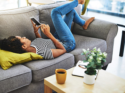 Buy stock photo Relax, smartphone and woman on sofa in home for network, online website and social media. Communication, mobile app and calm female person on phone for chatting, text message and internet connection