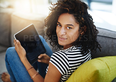 Buy stock photo Relax, tablet and portrait of woman on sofa in home for network, online website and social media. Communication, mobile app and African female person on digital tech for chat, message and internet