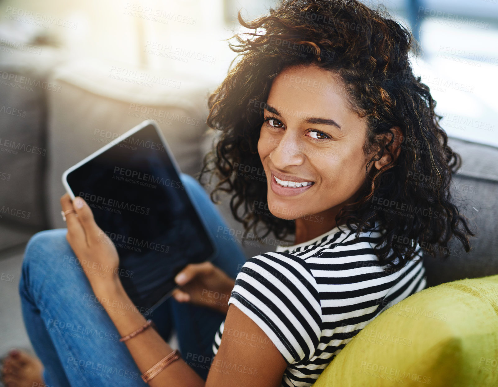 Buy stock photo Happy, tablet and portrait of woman on sofa in home for network, online website and social media. Communication, relax and African female person on digital tech for videos, streaming and internet