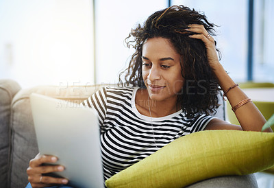 Buy stock photo Relax, tablet and woman on sofa in home for network, online website and social media. Communication, mobile app and African female person on digital tech for streaming, videos and internet connection
