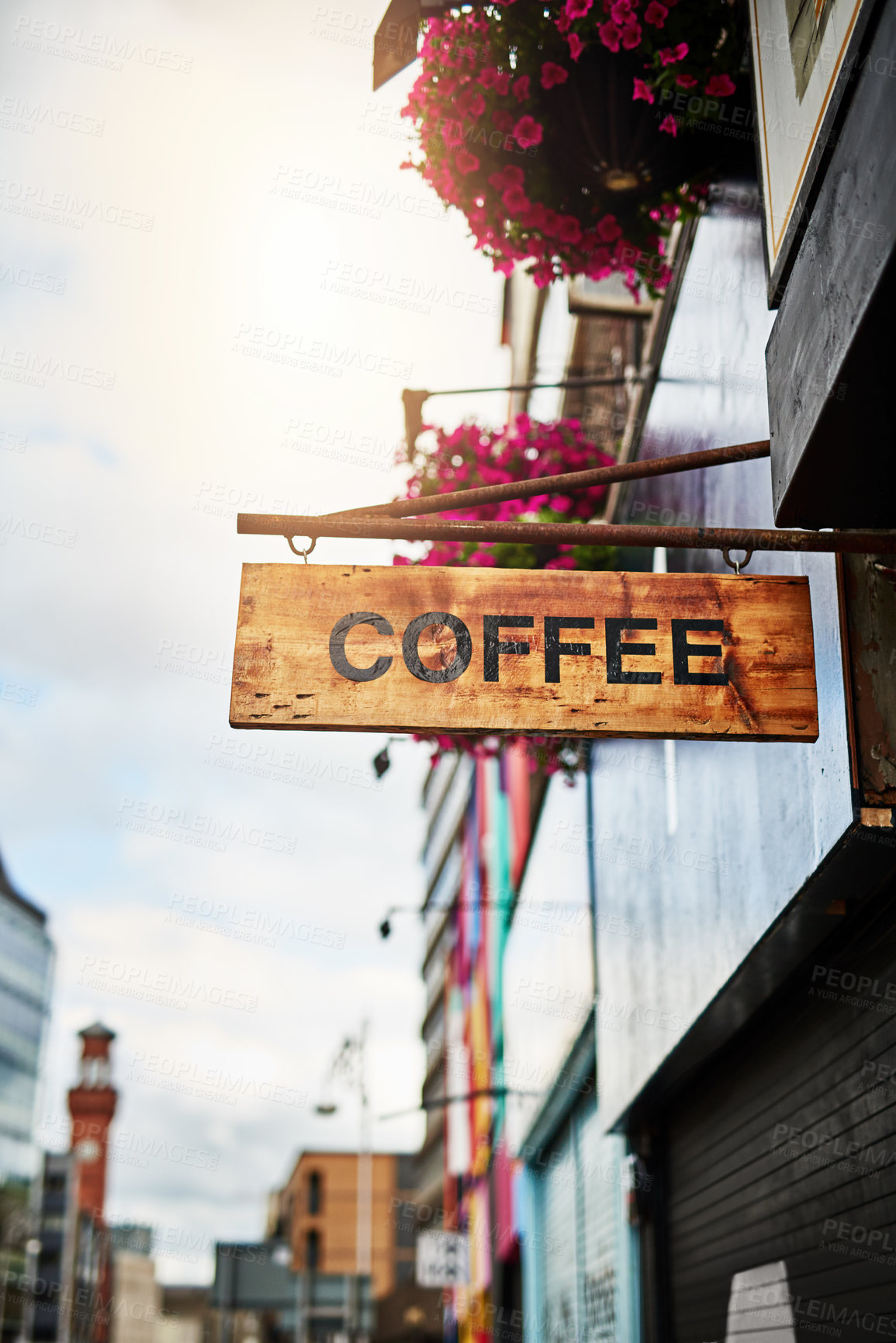 Buy stock photo Street, city or coffee shop sign on building for travel location for advertising, marketing or branding. Road, outdoor and logo hanging in urban area downtown for cafe, public display in Amsterdam 