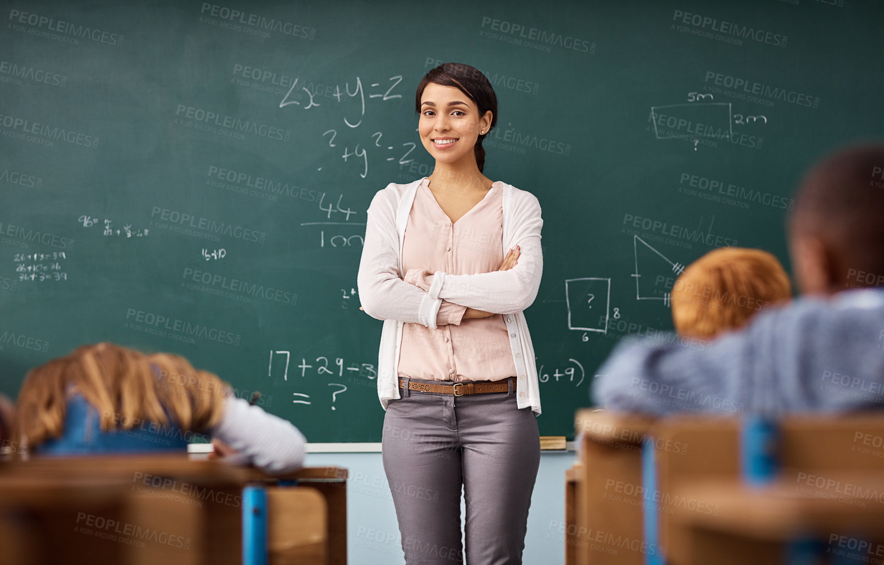 Buy stock photo Portrait, woman and teacher in a classroom, arms crossed and education with happiness, employment and career. Face, female person and employee with skills, maths and smile with educator and knowledge