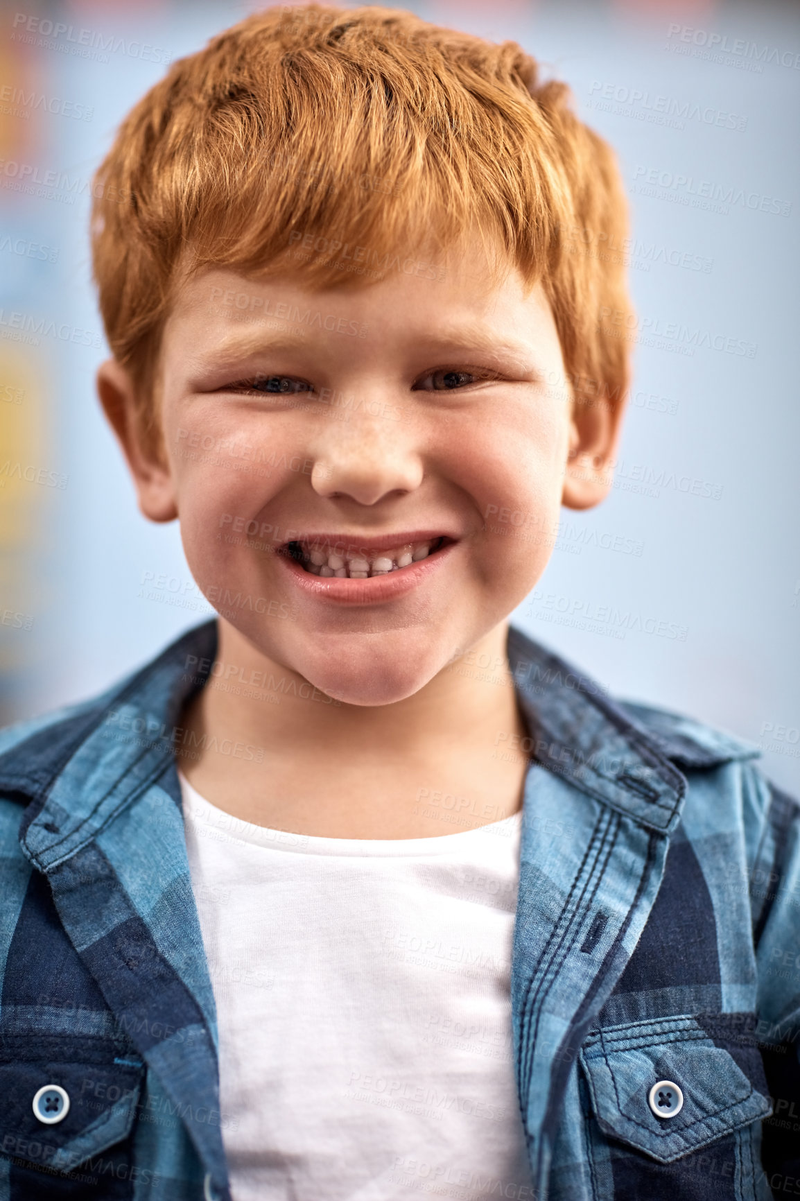 Buy stock photo Learning, happy and portrait of child in classroom for education, knowledge and future. Growth, studying and assessment with face of student at school for scholarship academy, exam and development