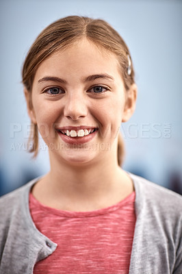 Buy stock photo Education, smile and portrait of student in classroom for learning, knowledge and future. Growth, studying and happy with face of girl at school for scholarship academy, creative and development