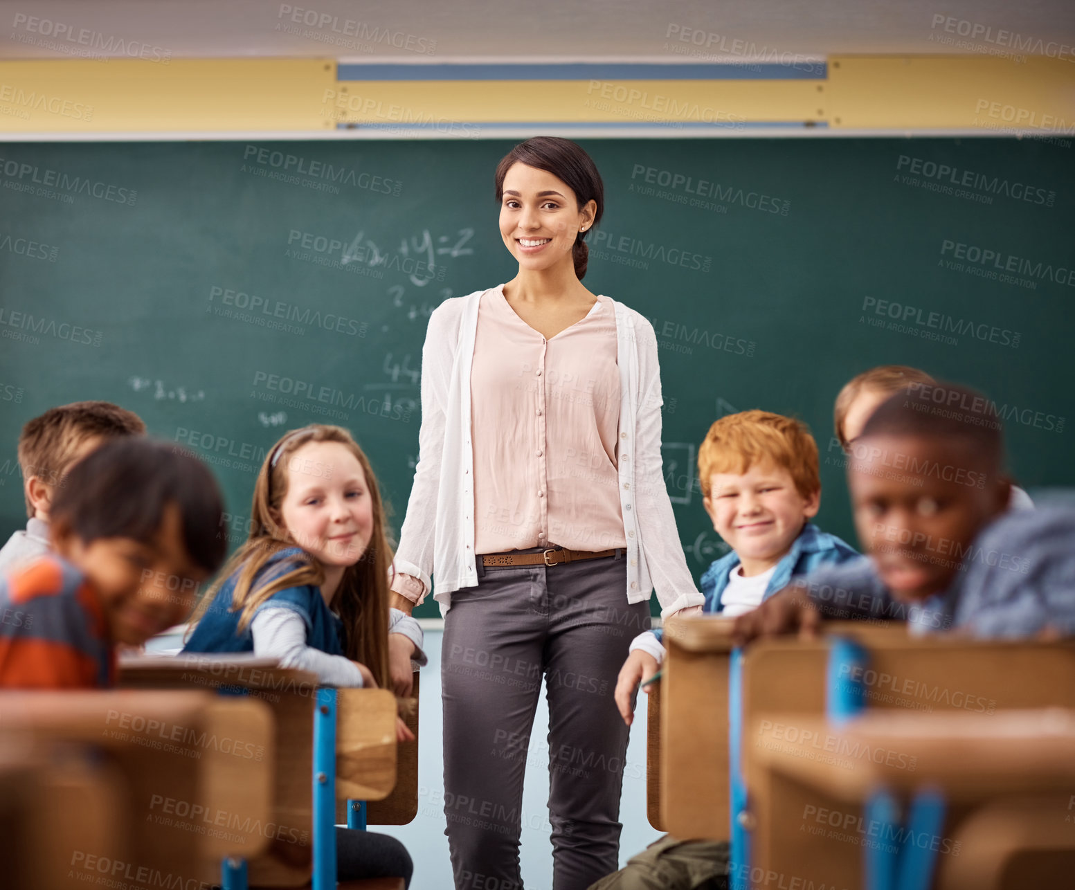 Buy stock photo School, portrait and teacher with children in classroom for math, help and teaching, test or lesson. Education, learning and happy kid students with woman tutor for academic, support or assessment