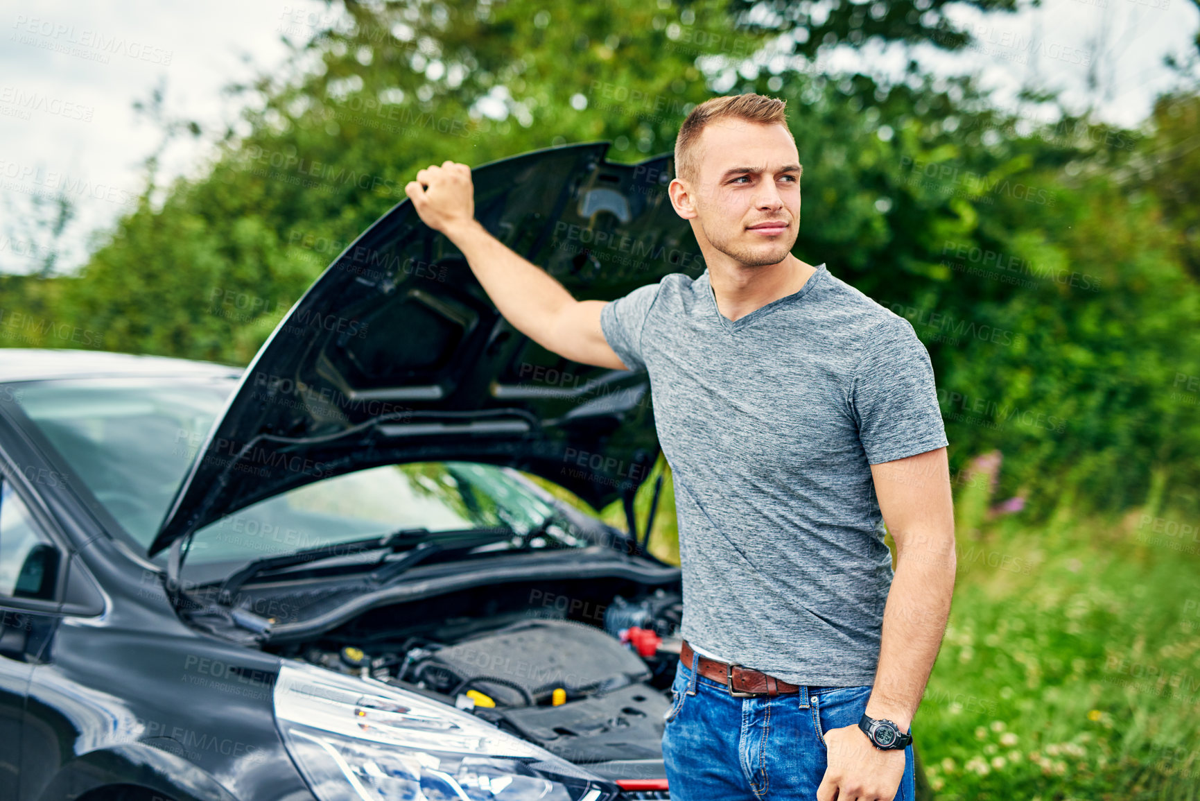 Buy stock photo Man, thinking and car breakdown at roadside with clutch cables problem in need of auto repair service. Bonnet, hood or driver with motor, transport and overheating on road checking engine in crisis