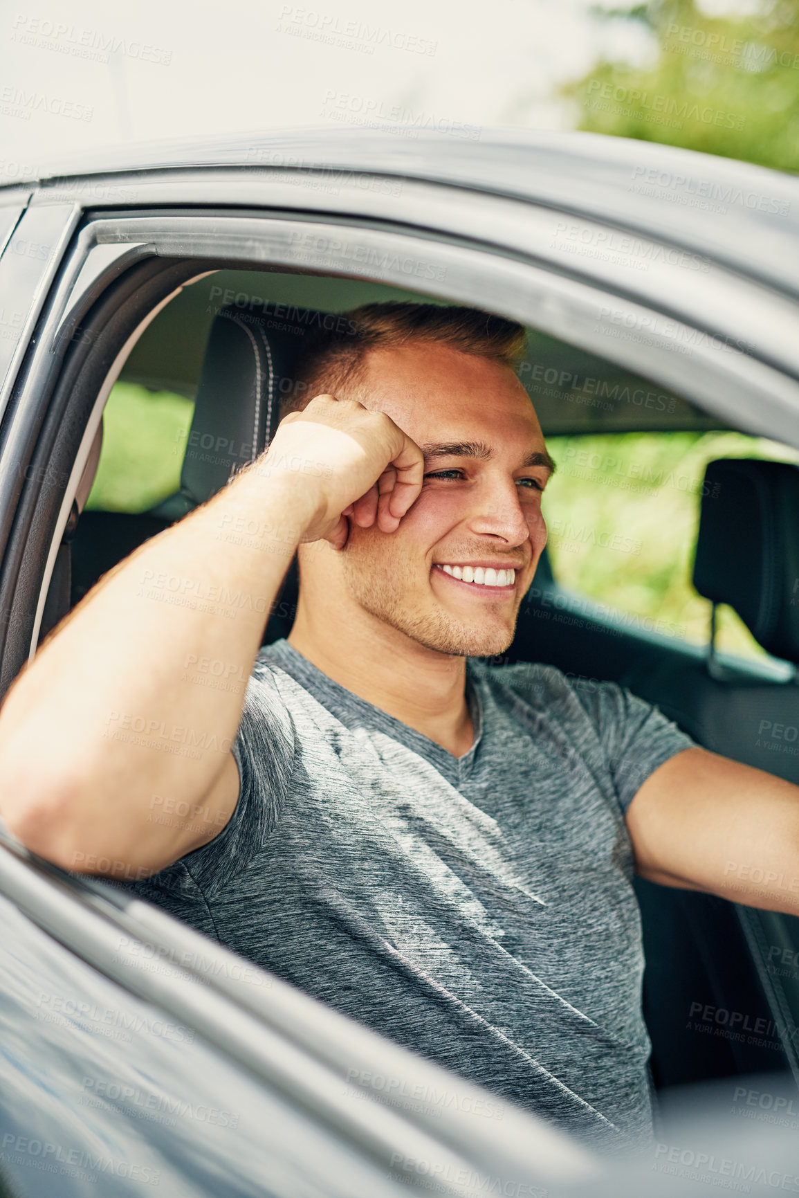 Buy stock photo Drive, smile and thinking with man in car for holiday, travel or vacation on weekend in summer. Transport, vehicle and window and happy person driving outdoor for adventure, journey or sightseeing