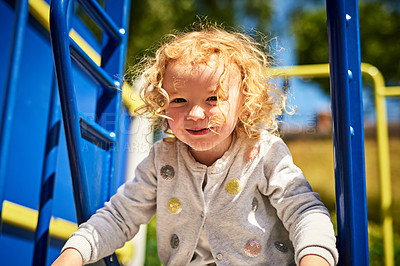 Buy stock photo Portrait, smile and swing with girl child on playground for fun, games or recreation at school. Education, face and happy with adorable kid outdoor for development, growth or recess in summer