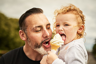 Buy stock photo Father, girl and happy outdoor with ice cream for fun with bonding, break and relax in Germany. People, parent and kid with smile on holiday with sweet food for child development, growth and memories