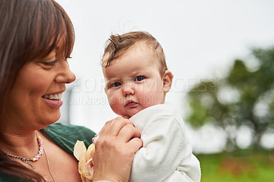 Buy stock photo Mother, baby and happy in backyard for love, care and development for trust. Mom, child portrait and smile outdoors for security, childcare and family in garden for support and wellness at home