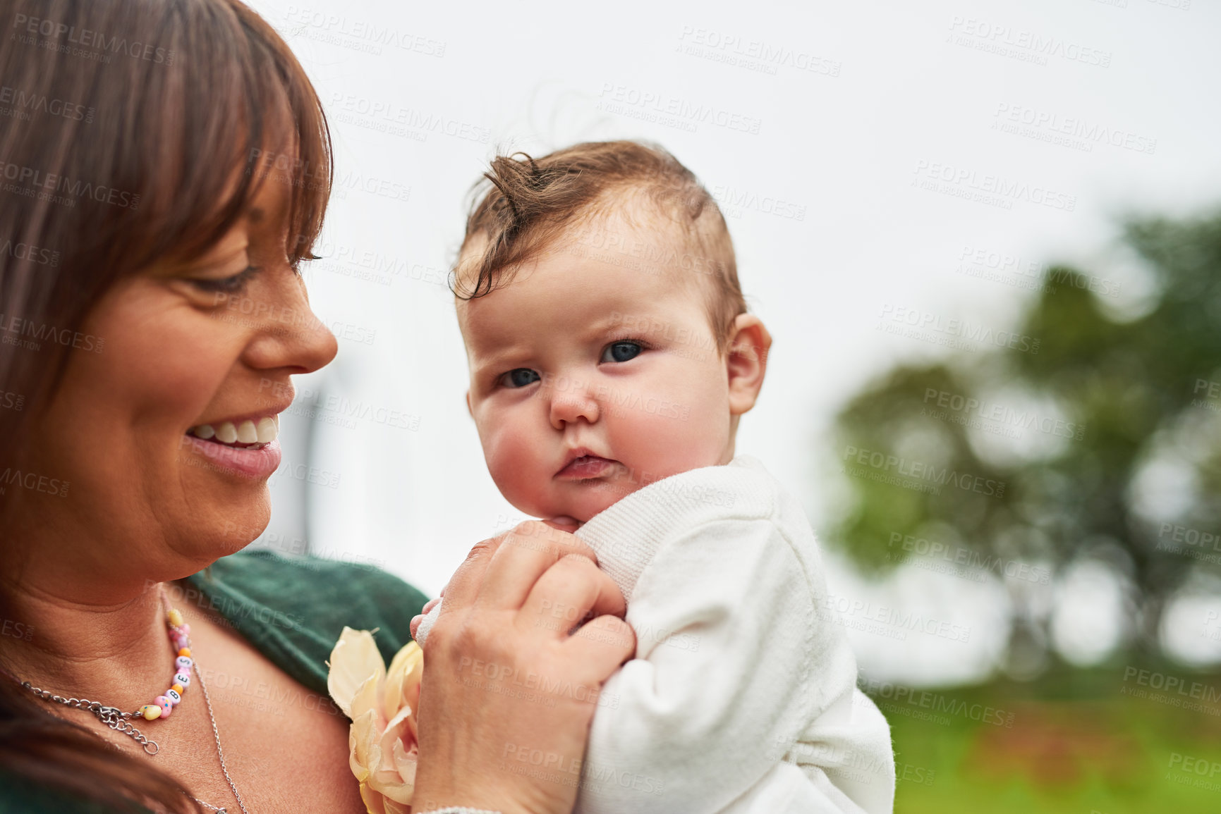 Buy stock photo Mother, baby and happy in backyard for love, care and development for trust. Mom, child portrait and smile outdoors for security, childcare and family in garden for support and wellness at home