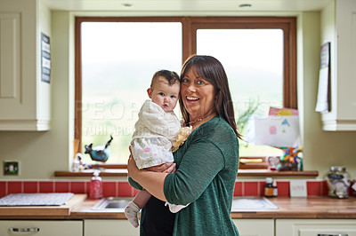 Buy stock photo Portrait, hug and mother in kitchen, baby and happiness with joy, cheerful and bonding together. Face, newborn and infant with mama, family and single parent in house, comfort and embrace with love