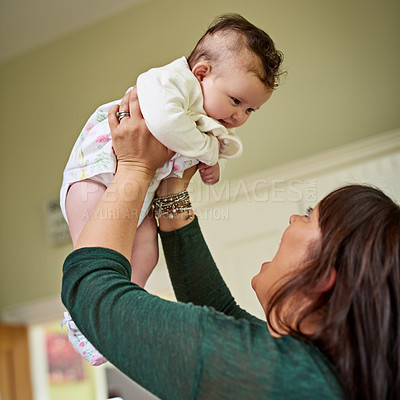 Buy stock photo Happy, playing and mother with baby in home for bonding, connection or family time together. Excited, sweet and mom holding cute infant kid for early childhood development or growth at house.